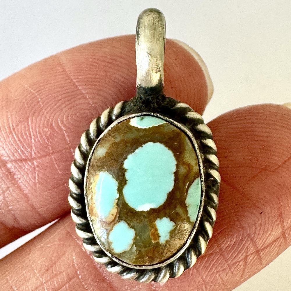 Navajo Number 8 Mine Turquoise Pendant 1in Signed Dixon Sterling‎ Native Amer